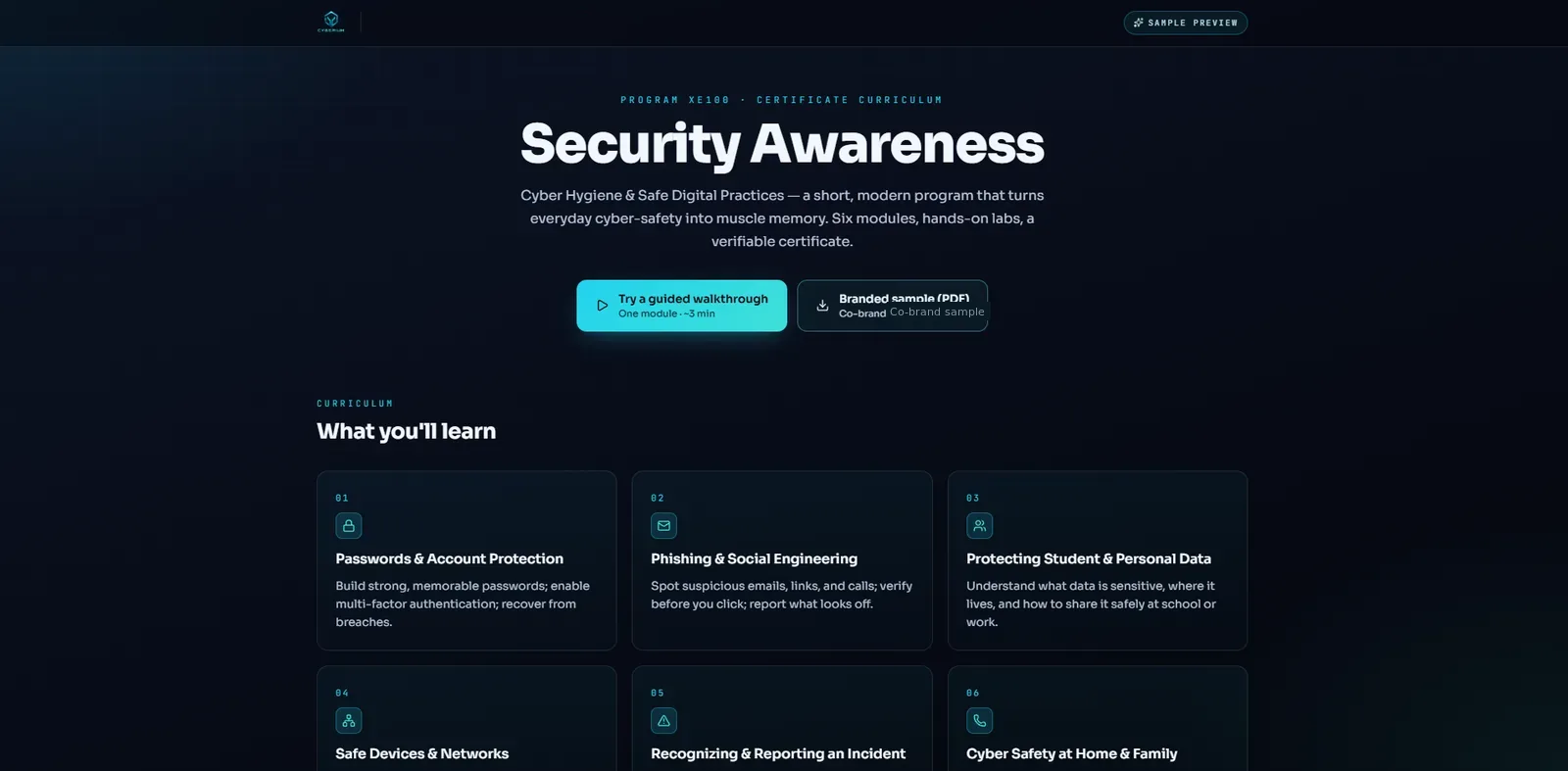 Public Security Awareness curriculum landing page — six modules, "Try a guided walk-through" and "Branded sample (PDF)" calls to action