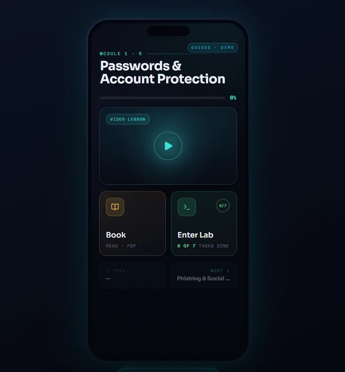 Awareness mobile module detail — video player, Book reading, Enter Lab task entry