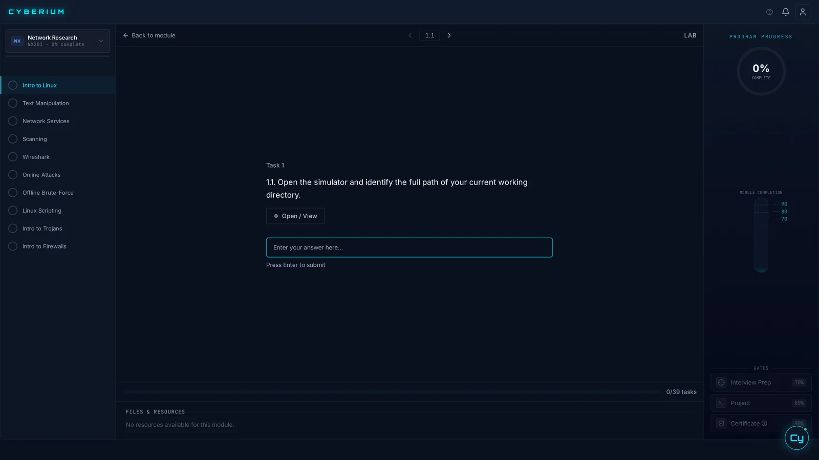 A hands-on lab in Cyberium: the module list, the task to complete, the answer box, and program progress, with Cy one click away
