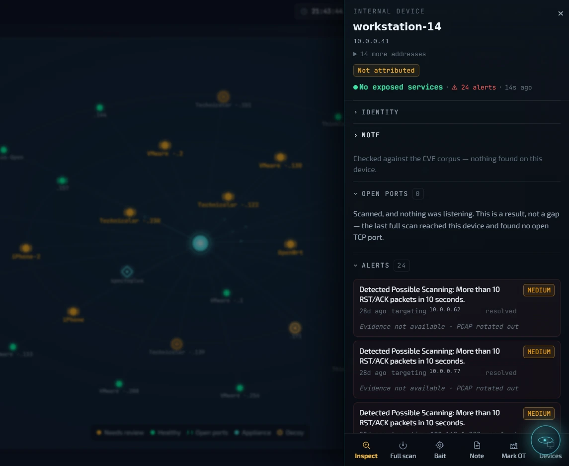 The Specto+ device panel: scanned and nothing was listening, this is a result not a gap, with the device's alerts