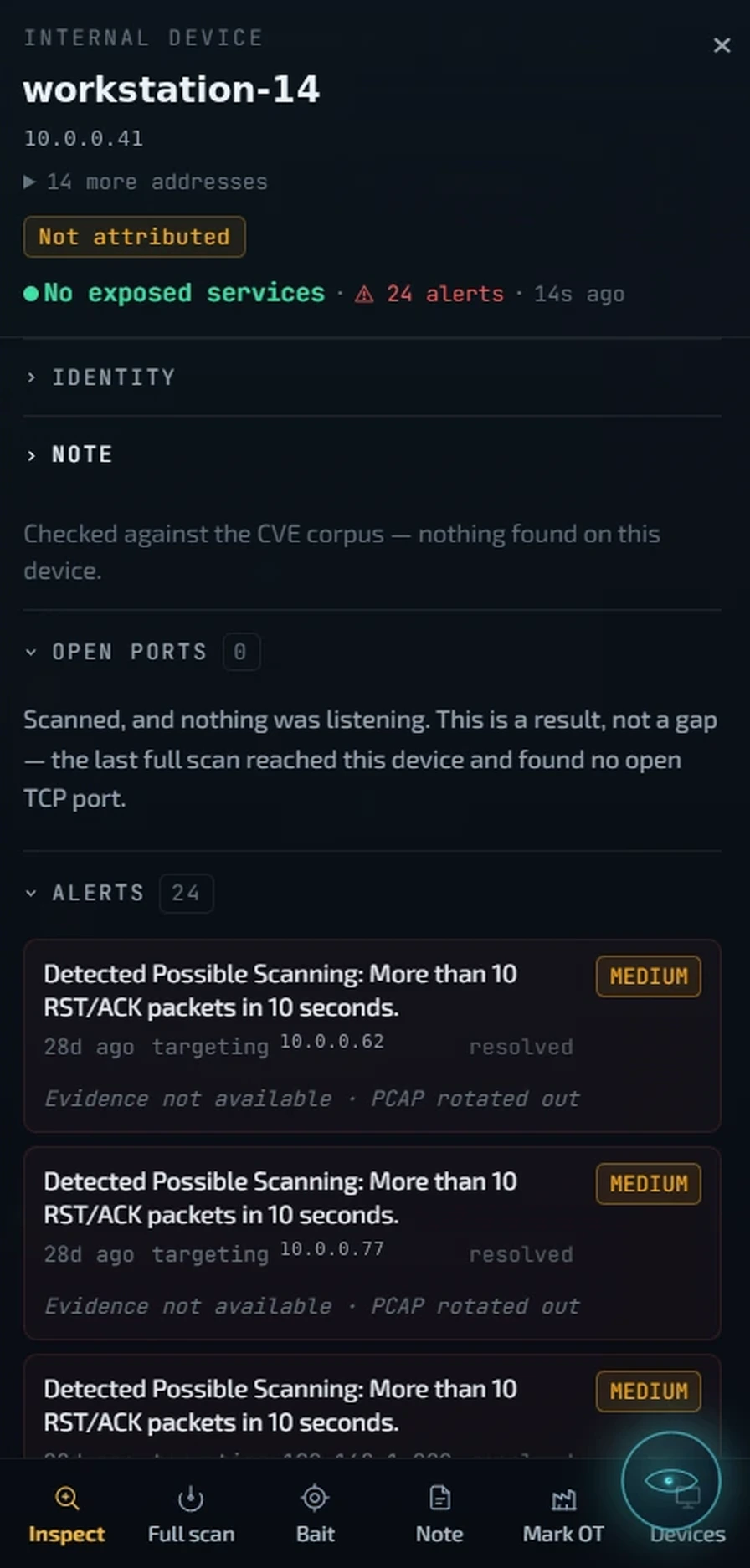 The Specto+ device panel: workstation-14, no exposed services, and the open-ports finding that reads scanned and nothing was listening, this is a result not a gap