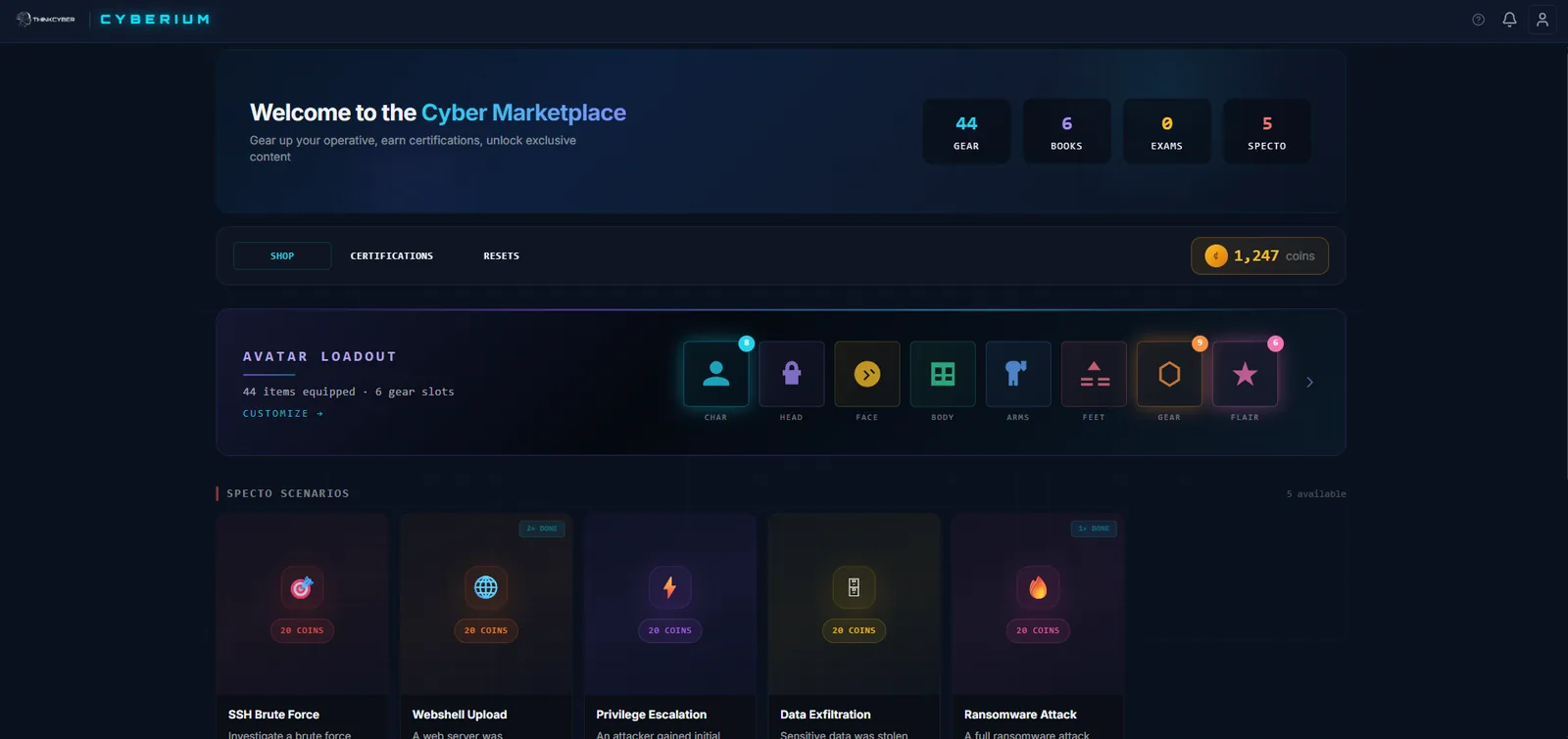 The in-platform store, where coins earned in labs and scenarios are spent