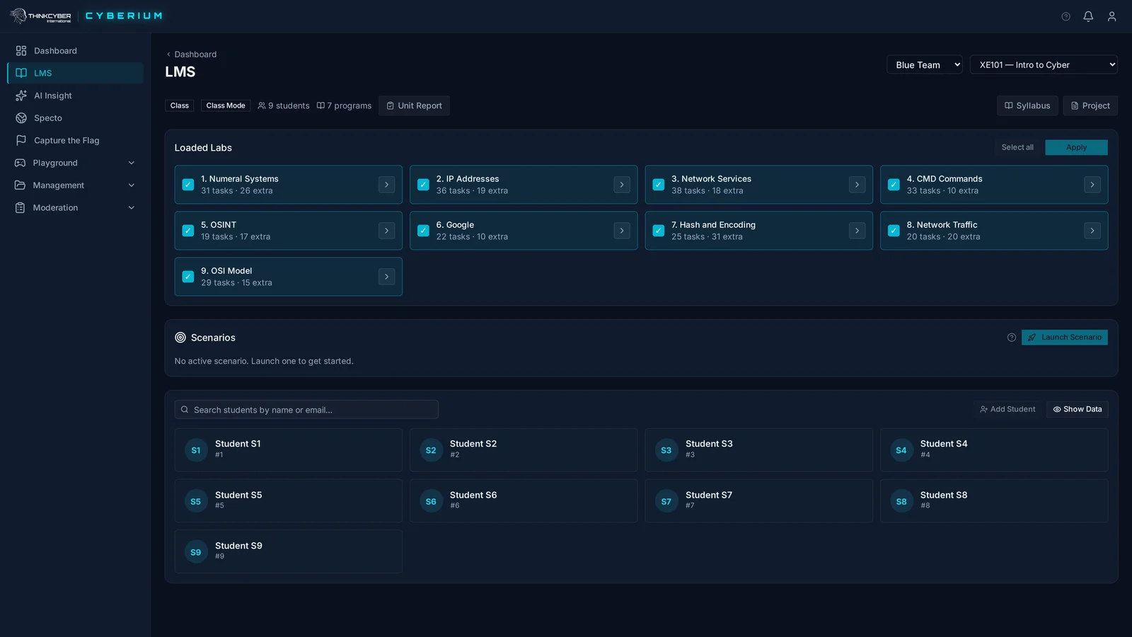 The trainer's LMS: a class selected, the labs loaded for it, scenarios ready to launch, and the students shown by S-code
